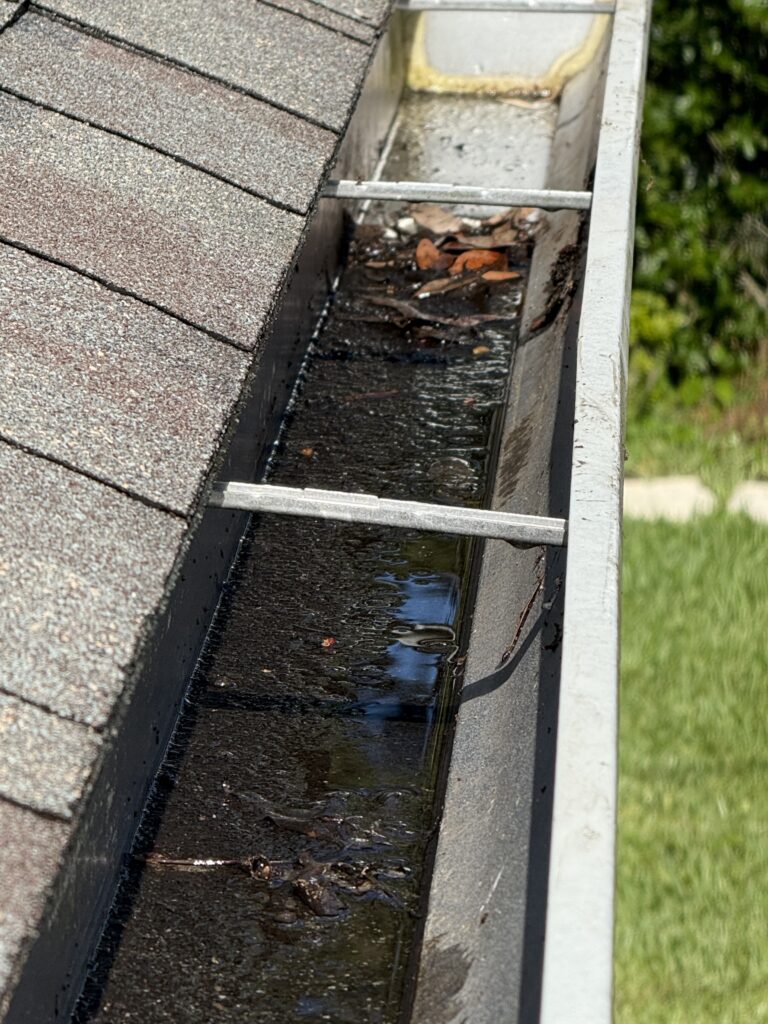 Gutter with debris and small stick lodged inside before cleaning in Ocala FL