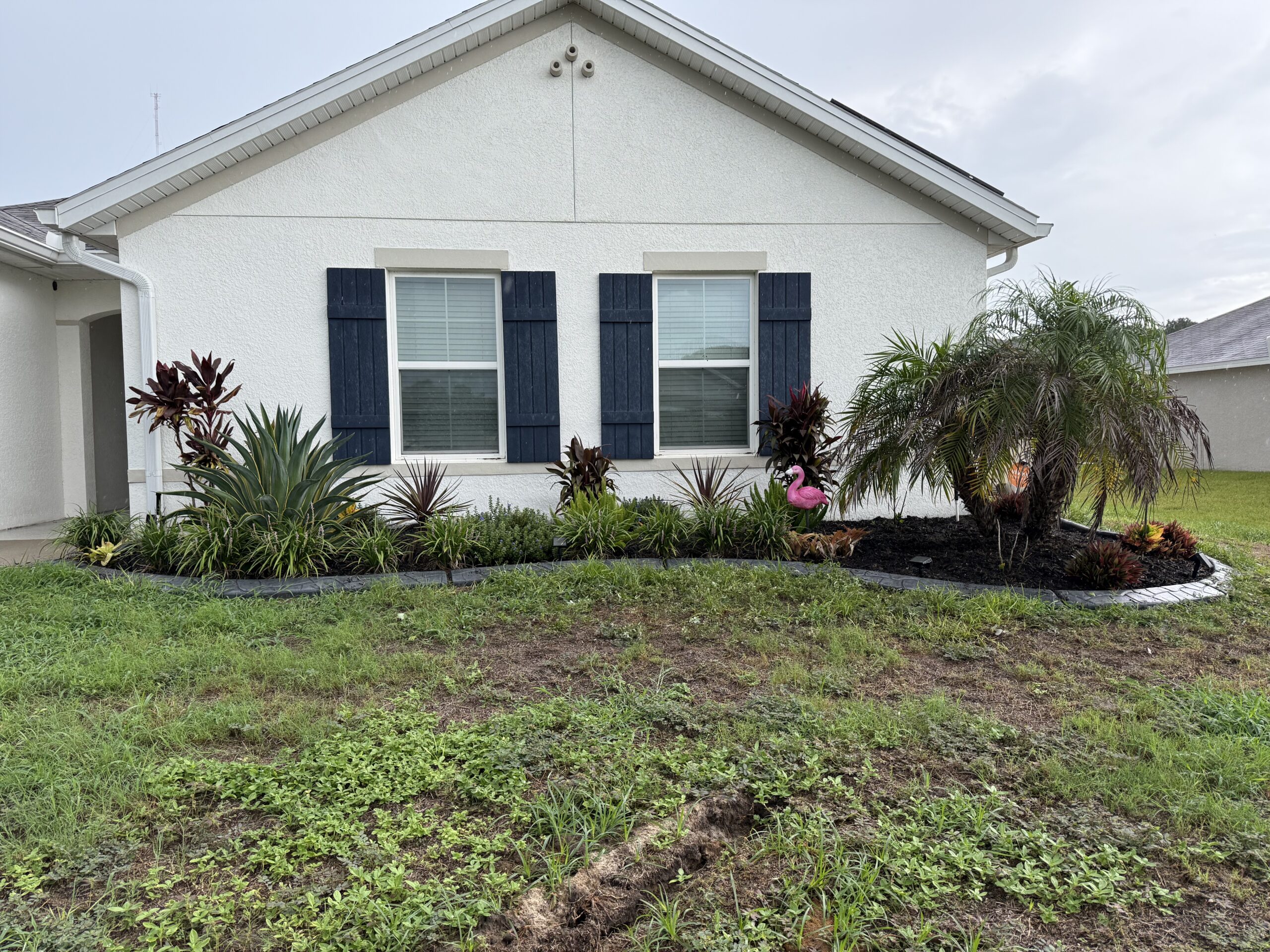 White stucco home with front palm, foundation bed, and trimmed shrubs in Ocala FL