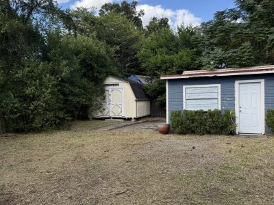 Backyard with multiple sheds and dead grass before bed install in Ocala FL