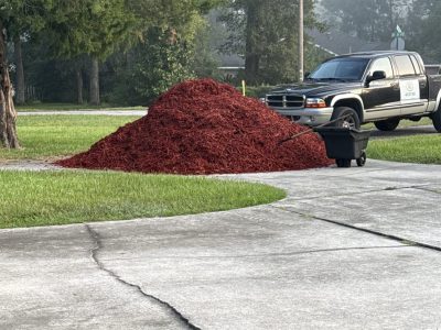 Large pile of red-dyed mulch on tarp beside pickup truck for Ocala FL delivery
